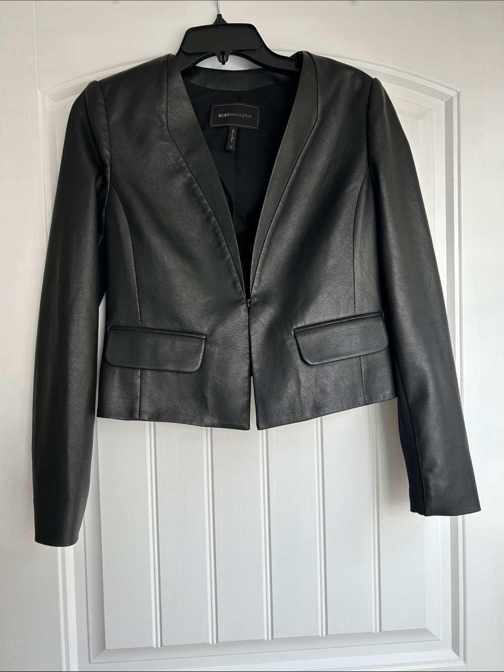 BCBGMaxAzria Black Faux Leather Cropped Blazer